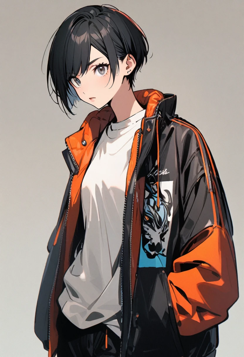 black hair, white shirt, jacket, 1girl, short hair, boyish, stylish, bright