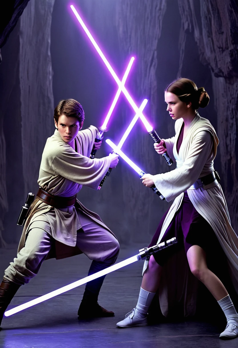 star wars a boy jedi with two lightsabers, one purple and the other white lightsaber in a fight against a woman sid