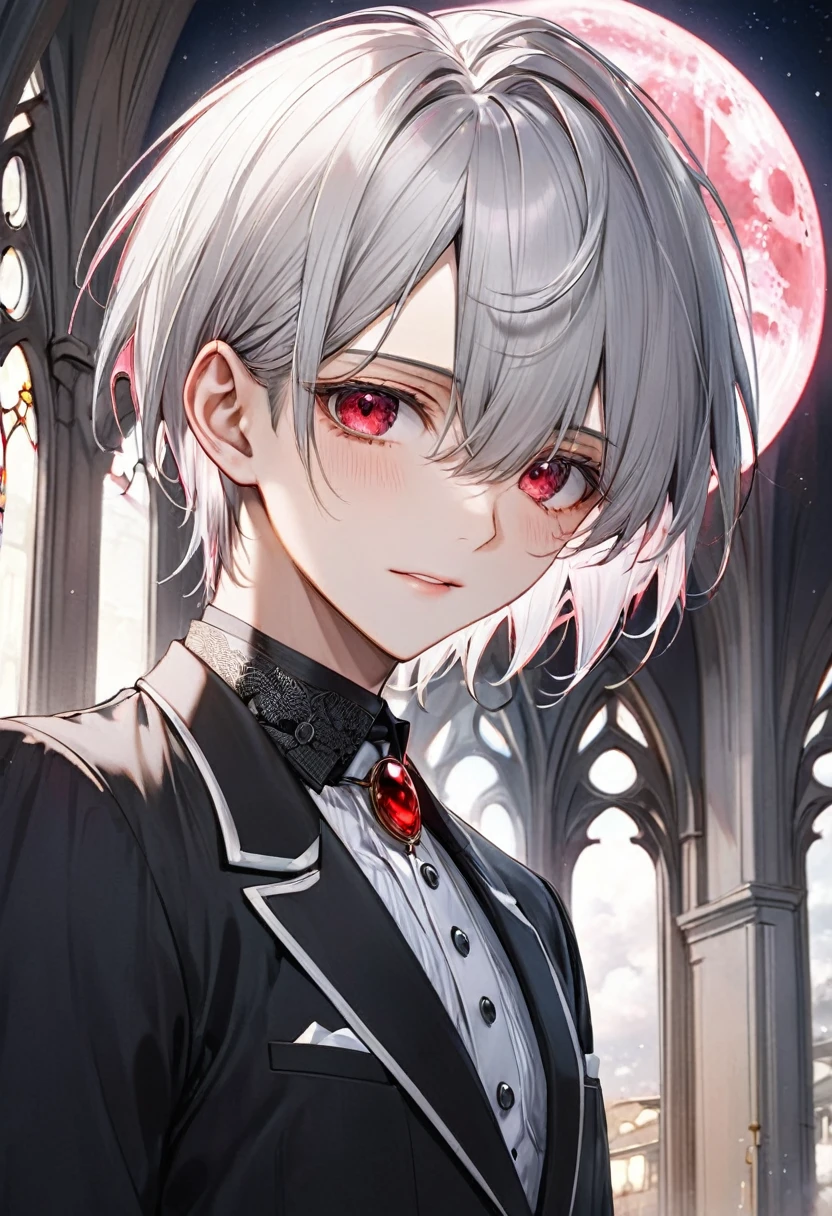 (close-up face), ((16 yo)), (solo:2 crew cut silver hair very short hair divine cool boy, detailed red eyes, tears:1.2 face, flat chest), break, (in a butler suit), break, (in the Chapel Terrace), (background detailed biggest pink moon), BREAK, perfect anatomy, masterpiece, best quality, 16k, beautiful detailed night, daydreaming expression.