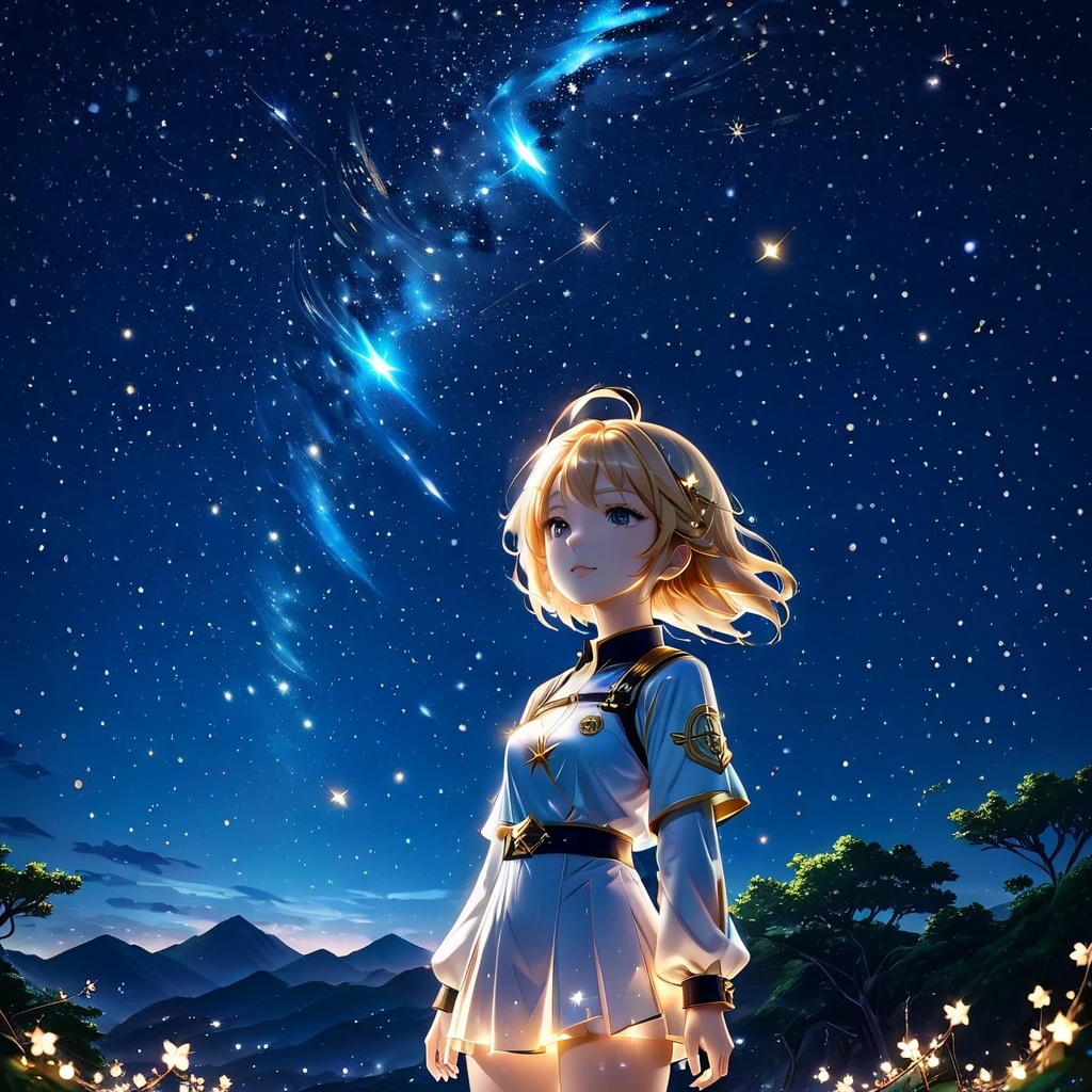 An anime character standing under a starry sky with sparkling stars and glowing lights around them