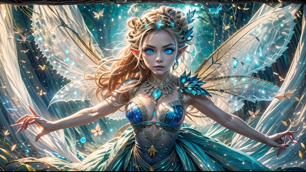 Beautiful faerie woman, elf ear, flying, hovering, floating, centered holographic dragonfly wings, balanced wings, glowing blue eyes, detailed realistic eyes, detailed proportional hand, manicured hands, four fingers on each hand, one thumb on each hand, detailed fingers, proportional fingers, proportional legs, proportional arms, proportional body, firm breast, silk tutu, magic glitter, oak tree forest, frank Frazzetta painting style, (Best Quality:1.4), (Ultra-detailed), (extremely detailed CG unified 8k wallpaper), Highly detailed, RAW Photos, Professional Photography, plein air, Illumination, (Super fancy photos:1.4), (Dazzling light), Radiant Photography, depth of fields,