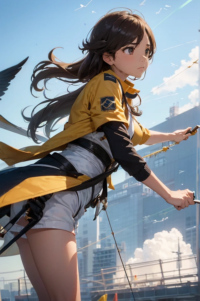 (Determination to aim higher:1.5), (scene flying far away:1.4), (A woman's determined expression:1.5), (flight soaring into the sky:1.4), (blue sky background:1.3), (high resolution)