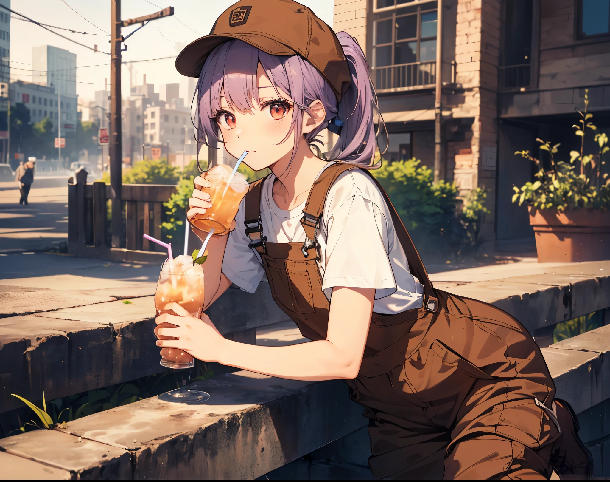 (Close-up:1.3),Realistic,Highest quality, Super detailed, High-quality CG rendering, The most delicate and beautiful, Floating softly, High resolution, (1 girl), (Highest quality,4K,8K,masterpiece:1.2), Light purple hair,(Long ponytail:1.5),Red eyes,(Brown overalls:1.3),(Pure white T-shirt:1.3),(Brown hunting hat:1.3),(Brown boots:1.3),In the city,old buildings,(whole body:1.3),(Holding a drink in hand:1.3)