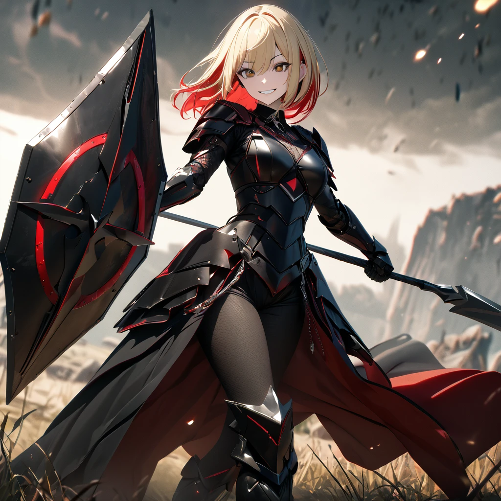 A woman in her 20s, wearing heavy black armor, black metal bracelet, black metal boots, with red details on the armor, short shoulder-length blonde hair, red bangs, smiles, multicolored hair, brown eyes, sadistic smile, face of psychopath, evil face, holding a black metal shield, and a black metal sword, in a combat stance, in an open field, UHD , work- prime, precise, anatomically correct, textured skin, super details, high quality, best quality, 8k, high resolution, bokeh effect. (woman solo )
