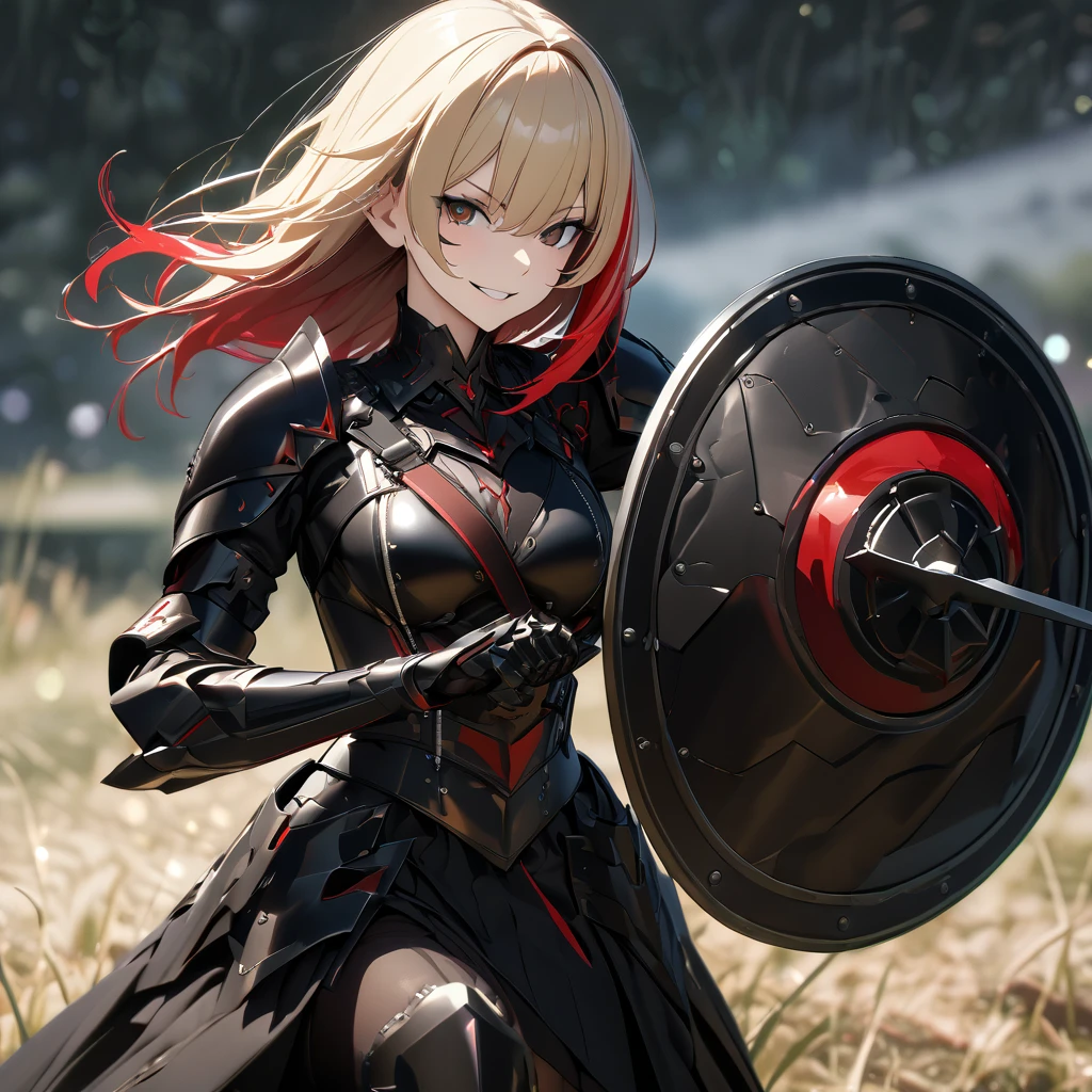 A woman in her 20s, wearing heavy black armor, black metal bracelet, black metal boots, with red details on the armor, short shoulder-length blonde hair, red bangs, smiles, multicolored hair, brown eyes, sadistic smile, face of psychopath, evil face, holding a black metal shield, and a black metal sword, in a combat stance, in an open field, UHD , work- prime, precise, anatomically correct, textured skin, super details, high quality, best quality, 8k, high resolution, bokeh effect. (woman solo )
