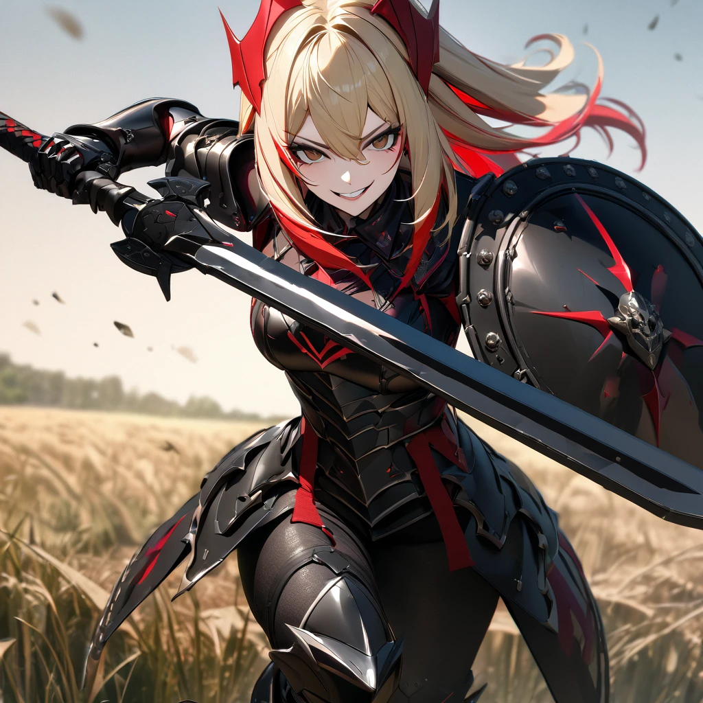 A woman in her 20s, wearing heavy black armor, black metal bracelet, black metal boots, with red details on the armor, short shoulder-length blonde hair, red bangs, smiles, multicolored hair, brown eyes, sadistic smile, face of psychopath, evil face, holding a black metal shield, and a black metal sword, in a combat stance, in an open field, UHD , work- prime, precise, anatomically correct, textured skin, super details, high quality, best quality, 8k, high resolution, bokeh effect. (woman solo )
