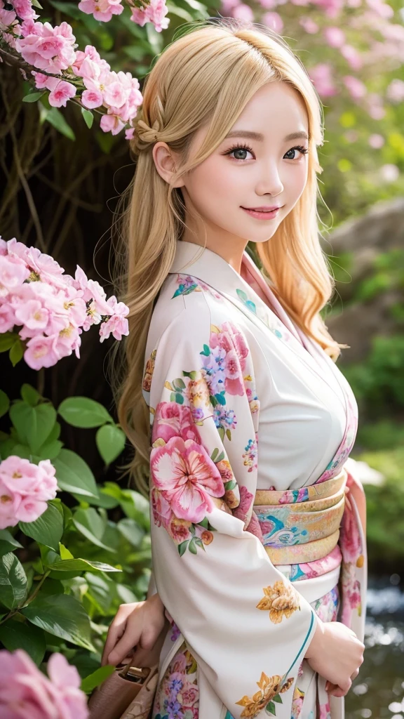 Blonde kimono beauty、Gorgeous floral patterned kimono、My cute girlfriend is a kimono model..、Brown eyes、Beautiful smile、He is short、Braiding、hair ornaments、Colorful and showy kimono、Highest quality、8K、Upper Body、Beautiful waterfall background