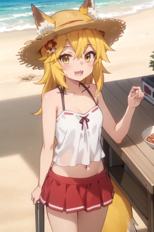 best quality, masterpiece, detailed,
Fox fairy,
1 Girl, :3, open mouth,
Orange Hair, Yellow eyes, Medium Length Hair, Fox ears, Fox Tail, 
Senko Swimwear, White Camisole, diaphragm, Red Skirt, straw hat, Hat Flower, 
permanent, Head tilt, Looking at the audience, 
outdoor, beach, water, palm