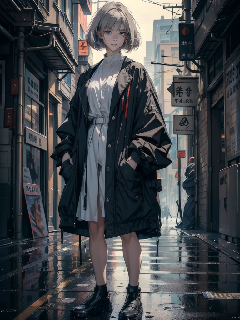((masterpiece)), ((best quality)), (ultra-detailed), ((extremely detailed)), 4K, (8K), best quality, a beautiful woman, ((beautiful light gray hair)), shiny hair, ((bob cut)), light blue eyes, freckled skin, 20 years old,
photorealistic, high resolution, soft light,1women, solo, Back, full body, night, warm streets, dark, deserted, standing in the middle of the street, black rencoat, rain, heavy rain, wet ground,