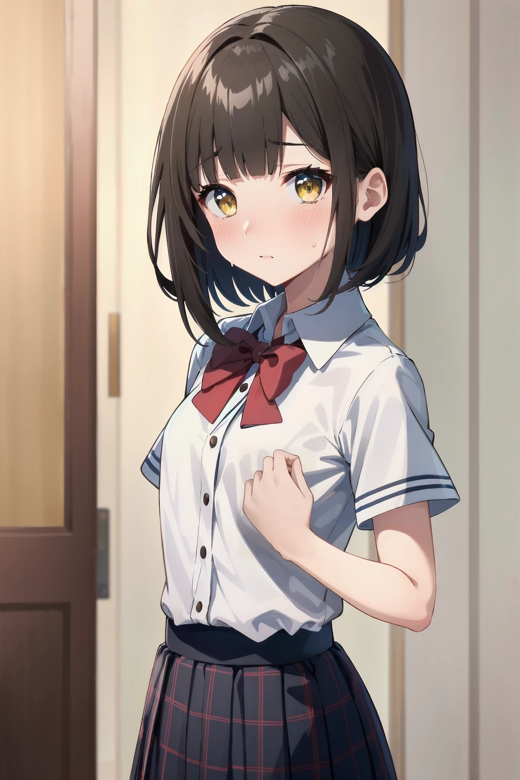 One Woman、((Junior High School Uniform))、Checked Skirt、Highest quality、Very delicate and beautiful、((Very short bangs))、((Bangs))、Light-colored hair、Brown Hair、Short Bob、Cute face、Cute like an idol、Yellow Eyes、Are thin、Slim figure、Short、 body type、Small Breasts,Bright room、Sweat、Embarrassed face、Red face、I'm worried、Surprised eyes、