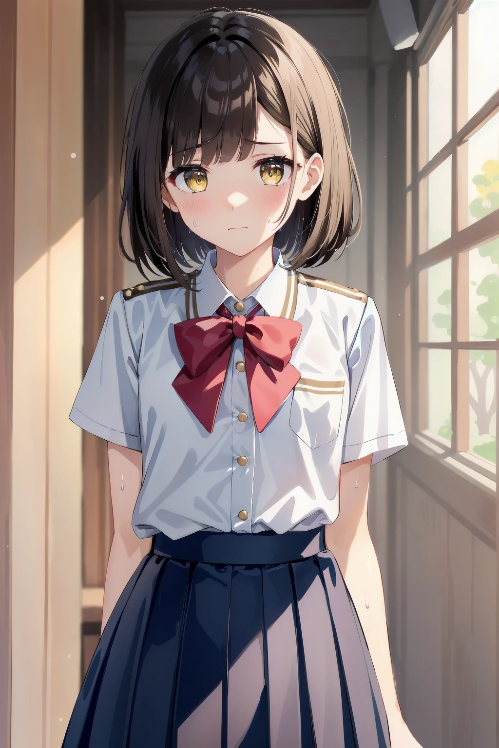 One Woman、((Junior High School Uniform))、Checked Skirt、Highest quality、Very delicate and beautiful、((Very short bangs))、((Bangs))、Light-colored hair、Brown Hair、Short Bob、Cute face、Cute like an idol、Yellow Eyes、Are thin、Slim figure、Short、 body type、Small Breasts,Bright room、Sweat、Embarrassed face、Red face、I&#39;m worried、Surprised eyes、