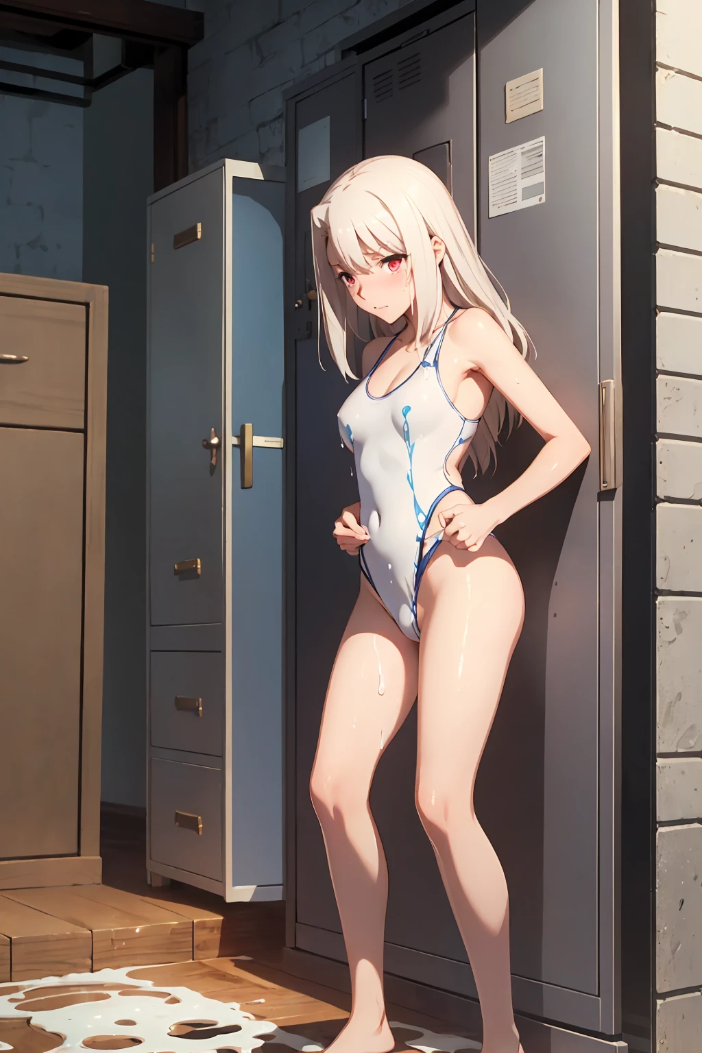 NSFW , (Highest quality:1.5, High resolution, 4K, Detailed lighting, Shaders), Illyasviel von Einzbern alone, Cowboy Shot,Long Hair, Gray Hair, Red eyes, ((Swimsuit))++ M-shaped foot Sexy Looks Seductive gestures atmosphere Super blushing Realistic locker room Sleep on your side, nude, Sweat, Shiny skin, Heavy breathing, ( Sex, Sexual intercourse, put in, Heterosexual, Moving lines, Motion Blur, Talking Spirit:1.1), (level, On my back, bed,Subjective:1.1)(( On the body / Bukkake with excess semen splashing))