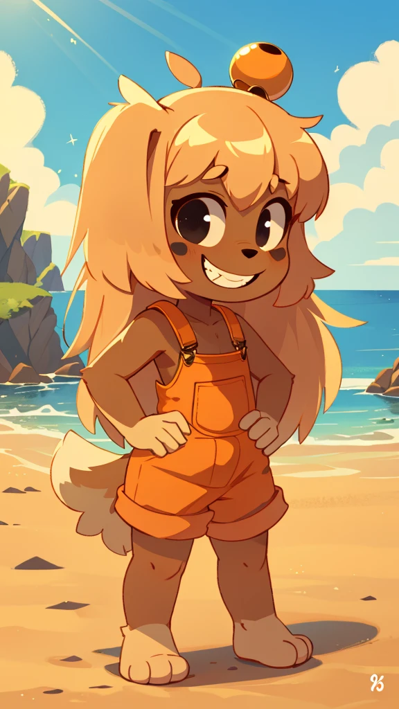 score_9, score_8_up, score_7, score_6_up, rating_safe,, lilotte, solo, 1girl, dog ears, long hair, furry female, dog tail, barefoot, looking at viewer, blonde hair, black eyes, full body, standing, smile, upper body, sleeveless, orange overalls, outdoors, bell, dog girl, holding, animal nose, grin,teeth, hands on hips, paw pads, from behind, feets with three toes, 3 toes, beach, clear sky,