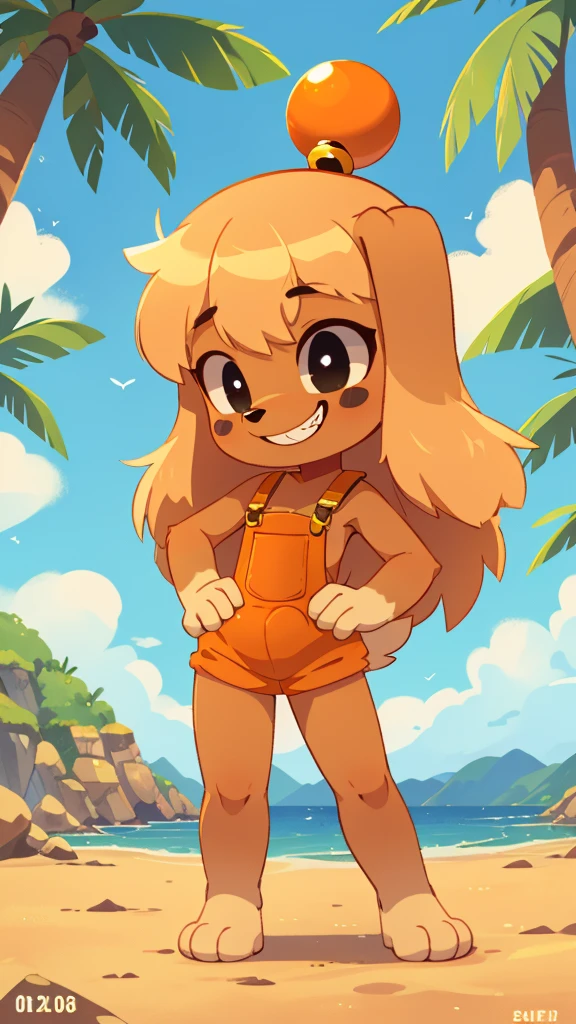 score_9, score_8_up, score_7, score_6_up, rating_safe,, lilotte, solo, 1girl, dog ears, long hair, furry female, dog tail, barefoot, looking at viewer, blonde hair, black eyes, full body, standing, smile, upper body, sleeveless, orange overalls, outdoors, bell, dog girl, holding, animal nose, grin,teeth, hands on hips, paw pads, from behind, feets with three toes, 3 toes, beach, clear sky,