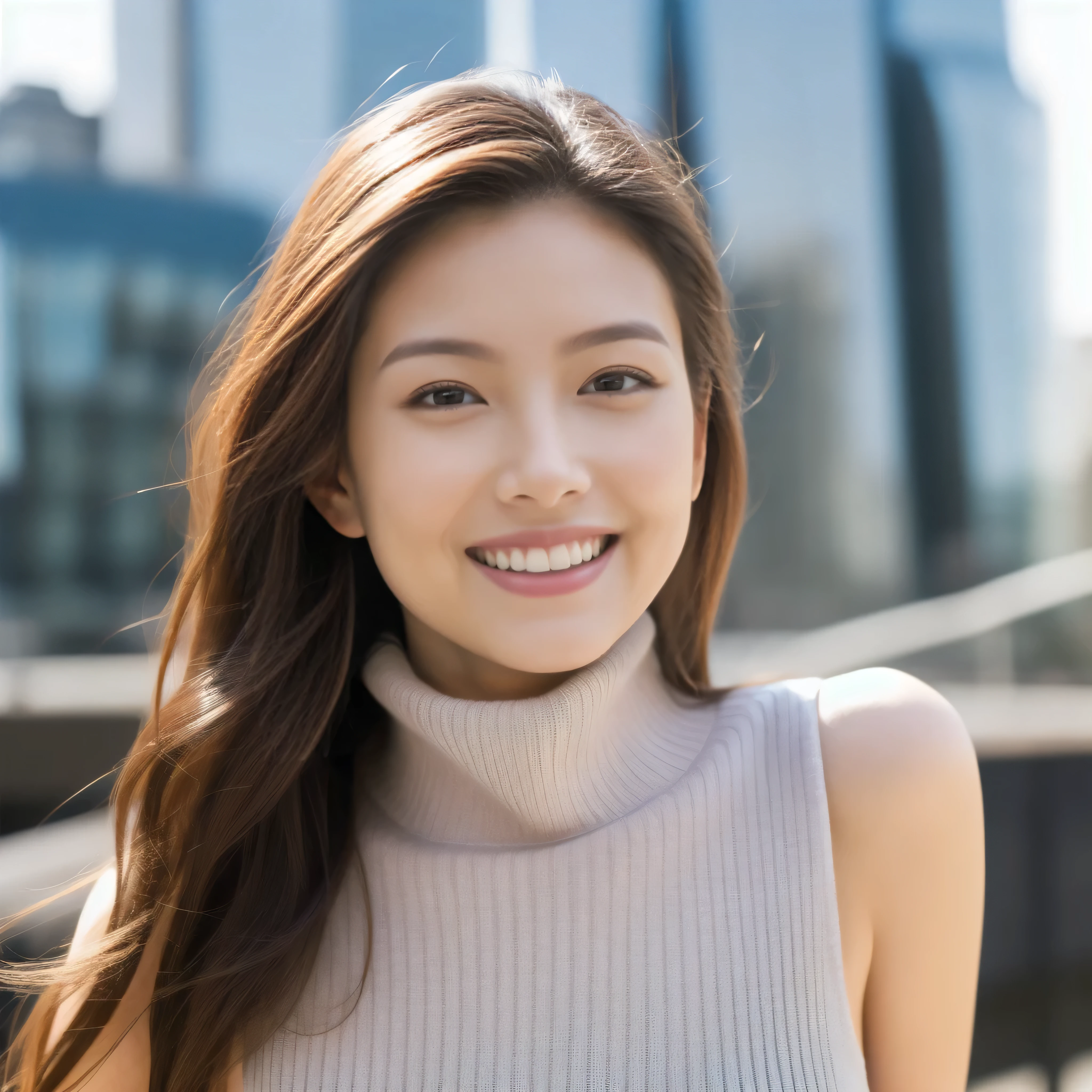 The face of a hostess、British high neck sleeveless knit、High quality、Ultra-realistic、fine、Smiling face、Slim perfect figure、Japanese beauty、 Perfect Eyes、Radiant Skin、Big 、Business city background