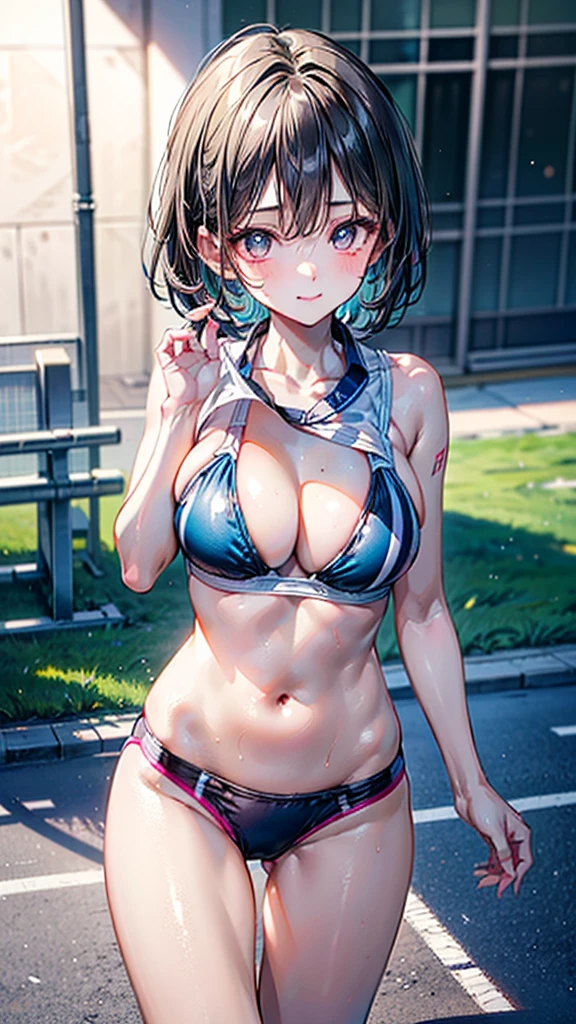 (Best quality, 8k, 32k, Masterpiece, UHD,:1.2),RAW, human, 1girl,ultra cute , ultra cute, natural lighting,transparent shining eyes, 20yo,medium breast ,femur, fair complexion , flushed face, absurdres, delicate girl, cowboy shot, (thighs, from above:1.3), shiny skin, (track uniforms, sportswear, sports bras, sports bikinis:1.3), rikujou, track and field, short hair, sharp focus,highest detailed, extreme detailed, ultra detailed, finely detail, detailed eyes and face, (smile:0.8), (bokeh background:1.2), wedgie, (erect nipple:0.5), From Below