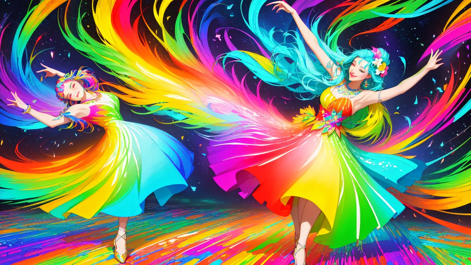 Wearing a colorful dress、Painting of a woman dancing with colorful swirls, Just a joke, Colorful artワーク, Circling, Dance with grace, Folk illustration, Colorful art, Colorful illustration, Colorful digital painting, Colourful and detailed, Digital illustration radiation, Vivid digital painting, A complex and colorful masterpiece, A colorful and exquisite masterpiece, A festival of rich colours