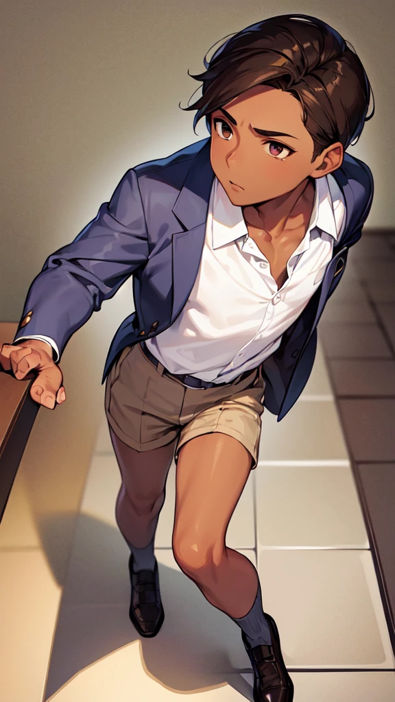 (masterpiece), best quality, expressive eyes, perfect face, (((1guy))), full body, (((brown skin))), brown hair, sliver eyes, blue student uniform, short slicked back hair, teen, 