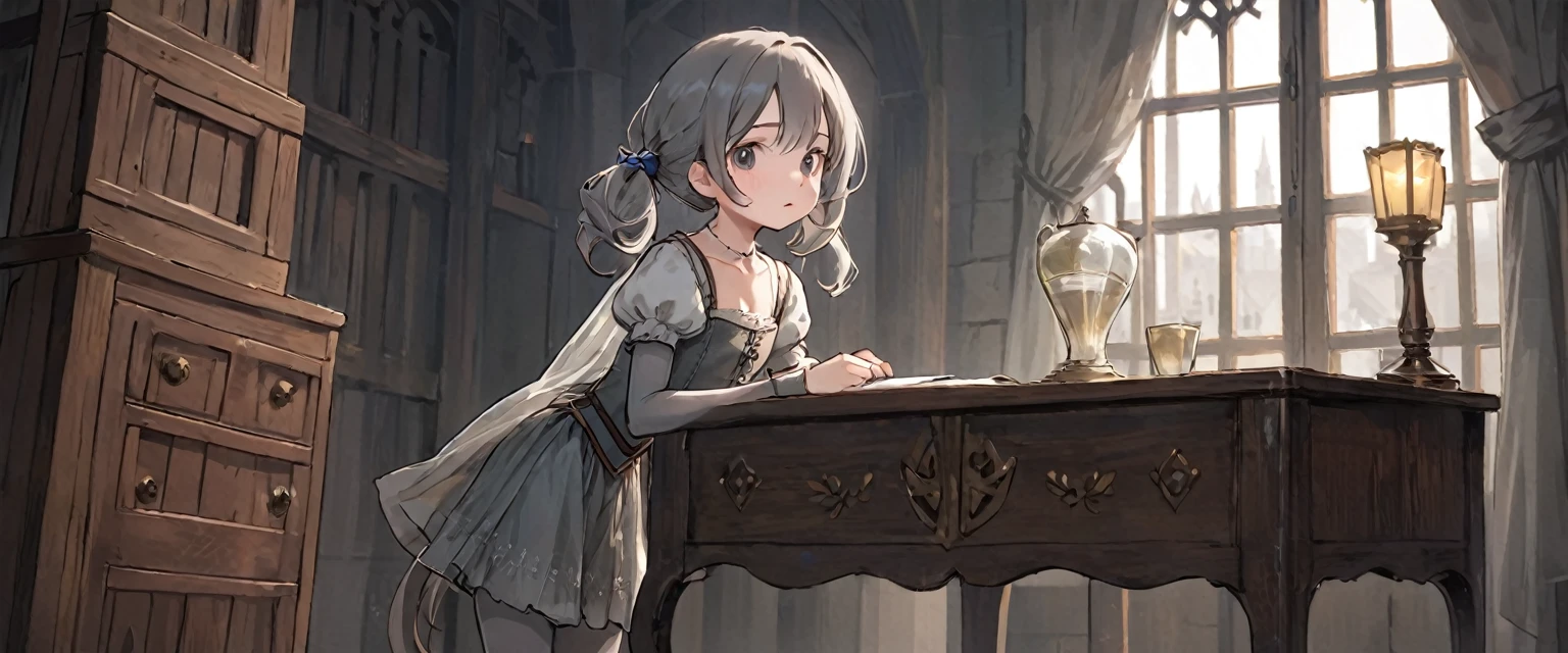 8 year old medieval girl, underwear姿、Translucent knee-length drawers（underwear）Wearing、Wearing a semi-transparent corset、Translucent slip, Grey translucent tights