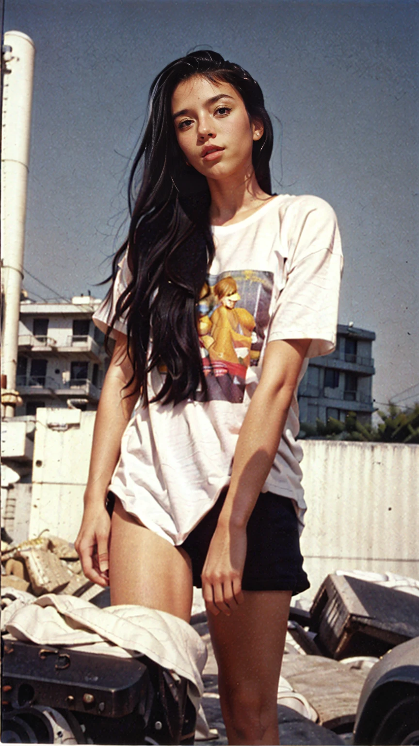 ((long shot photography)) ((best quality)), ((masterpiece)), (ultra detailed face), perfect beautiful face,perfect nose,perfect eyes, perfect lips kodak gold 200 fisheye-8mmlens-v2exp ,25 yo cute korean, ((busty perfect body)) perfect face, 35mm film,((black bob hairstyles)) (((blank oversized white untucked t-shirt))), menshort , white Reebok sneakers, 4k, 8k, ultra highres, raw photo in hdr, sharp focus, intricate texture,realistic, detailed facial features, highly detailed face, posingpolaroid film, found footage, retro,90's,80's, photo noise, old photo, retro, masterpiece, raw photo, 8k film photo, old, noisy photo, loooking of the camera, casual photo, grain photo, VHS footage, VHS look, chromatic aberration( low chromatic aberration), film footage, grainy photo, dirty photo, posing, retro photo, vintage photo, old, background standing pose on ( 80' mondrian architecture retro motel) ,palm trees, blue sky, summer, los angles vibes
