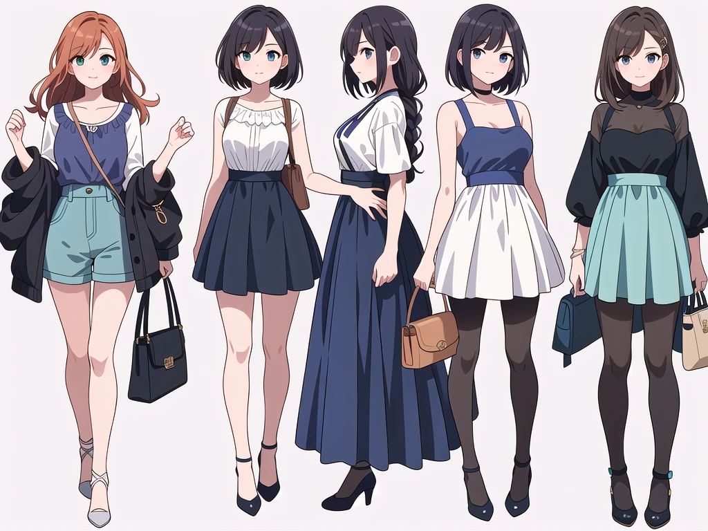(((Best Quality))) , ((full body)), 4 lady, adult woman, multiple views, white background, variety of hairstyles, variety of fashion styles, seductive pose, fashionable and trendy atmosphere, holding bag, spring outfits, walk pose, dark blue/dark orange/dark green/dark violet/brown/white, short shorts,
