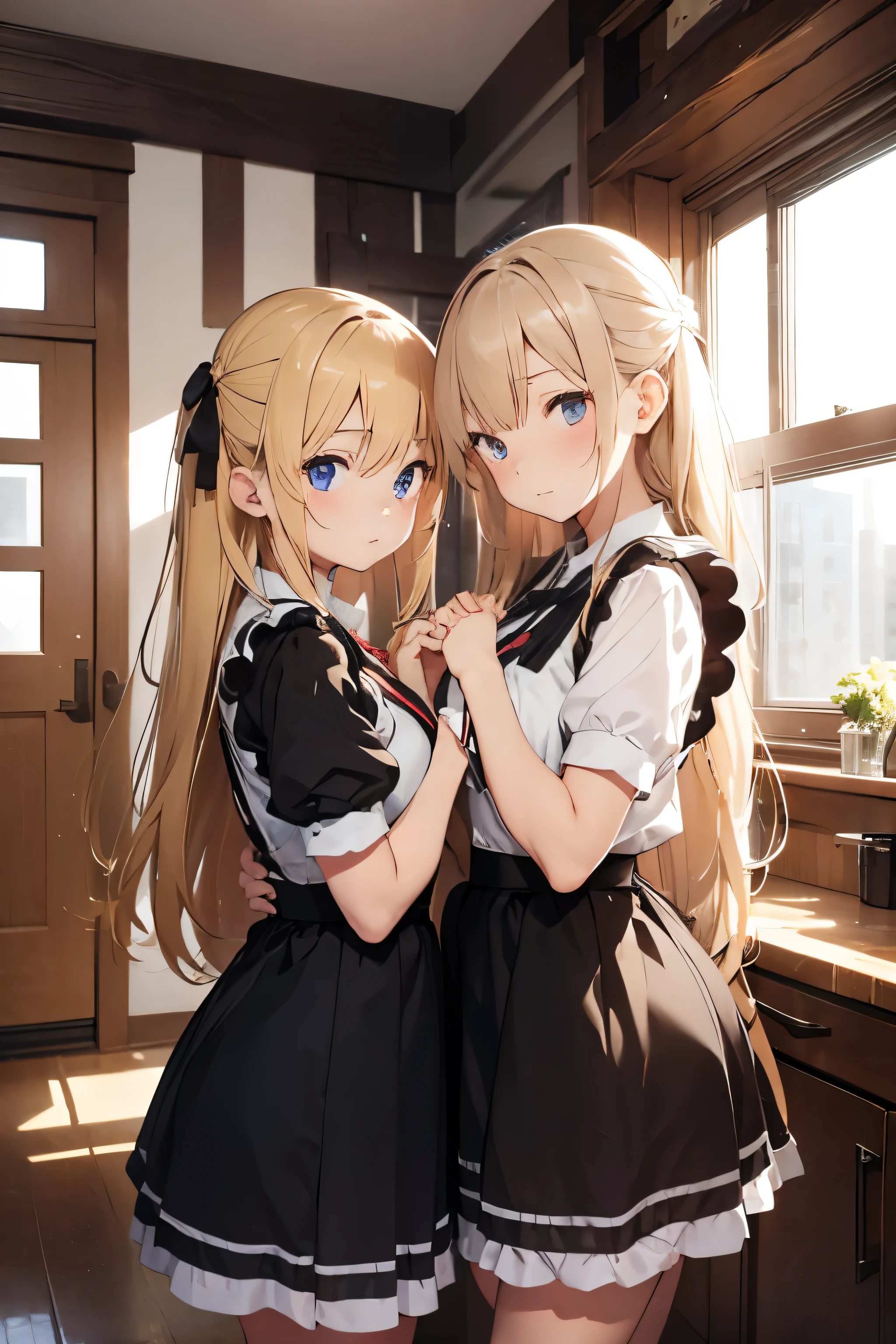 Two girls, maid uniforms, leaning together, blonde, long hair, holding hands, small, close contact