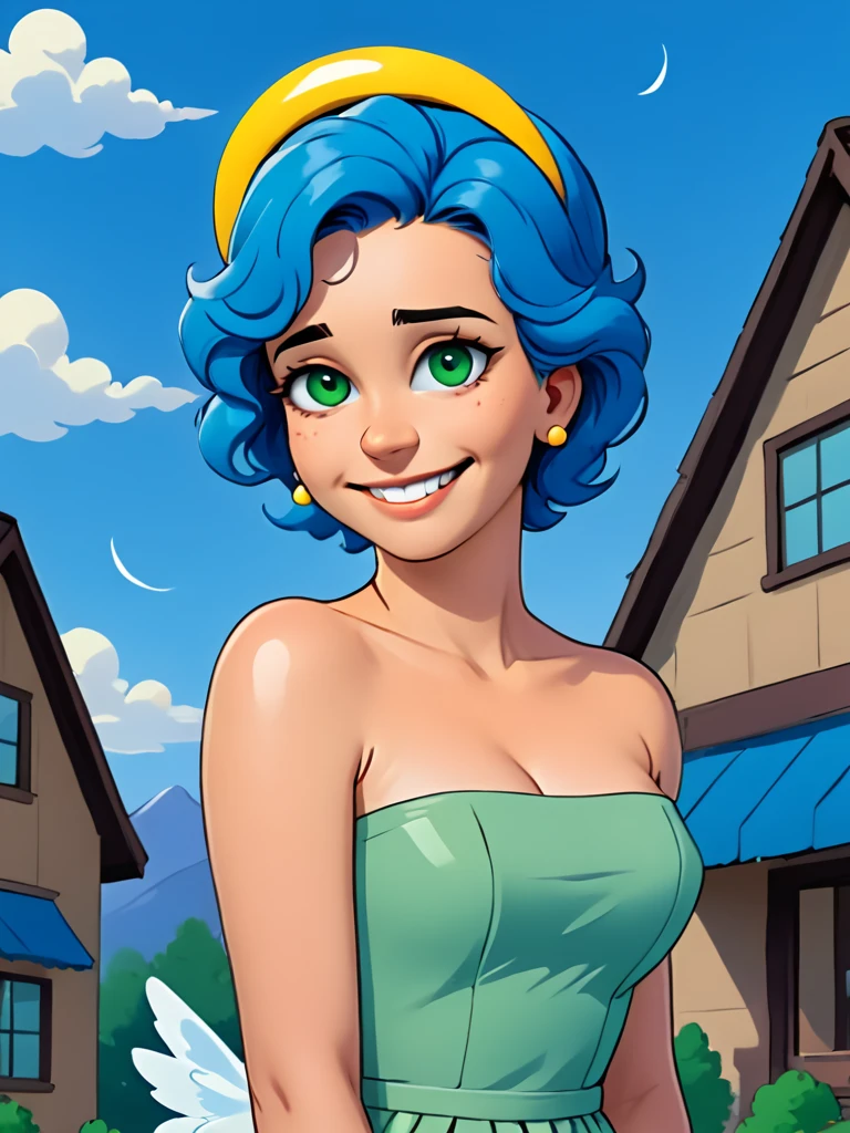 marges, blue hair, 1girl, solo, yellow skin, pearl necklace,strapless,  green dress, smile, score_9, score_8_up, score_7_up, score_6_up, score_5_up, score_4_up, looking at viewer,outdoors, portrait, upper body,  zPDXL flat color,She has angel wings on her back, and a halo on top of her head, there are tears in her eyes as she flies into the blue sky.