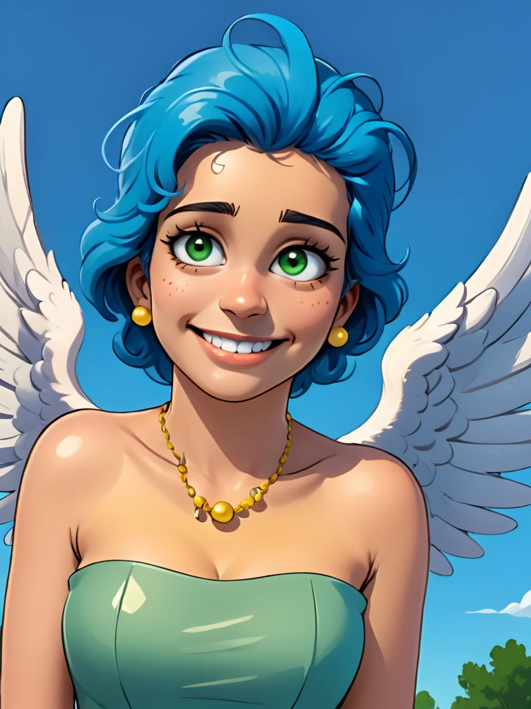 marges, blue hair, 1girl, solo, yellow skin, pearl necklace,strapless,  green dress, smile, score_9, score_8_up, score_7_up, score_6_up, score_5_up, score_4_up, looking at viewer,outdoors, portrait, upper body,  zPDXL flat color,She has angel wings on her back, and a halo on top of her head, there are tears in her eyes as she flies into the blue sky.