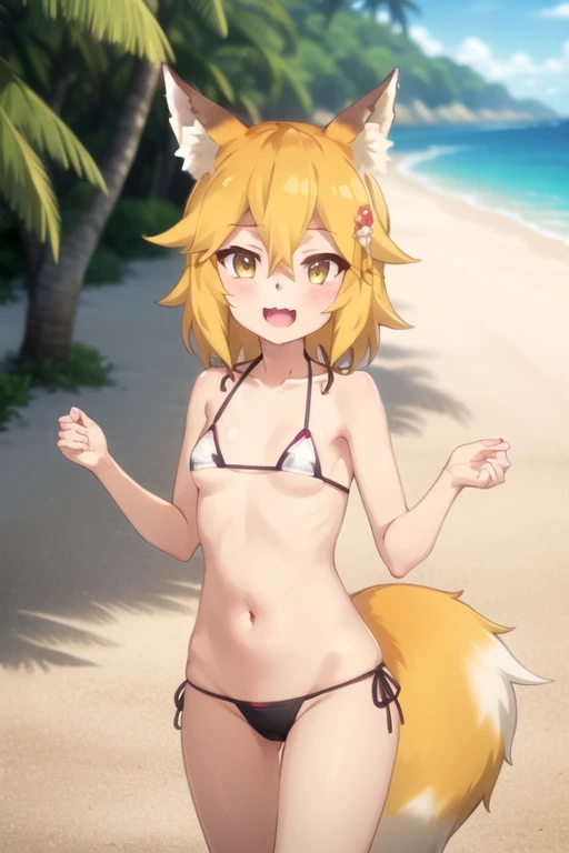 best quality, masterpiece, detailed,
Fox fairy,
1 Girl, :3, open mouth,
Orange Hair, Yellow eyes, Medium Length Hair, Fox ears, Fox Tail,
(Micro Bikini:1.4), diaphragm,
permanent, Head tilt, Looking at the audience,
outdoor, beach, water, palm