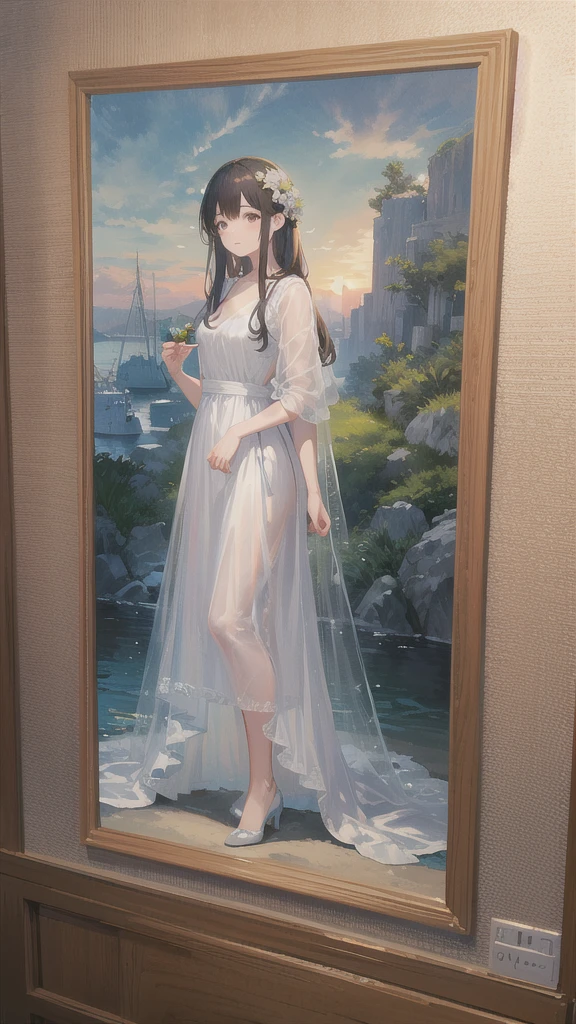 Cozy rooms, Big oil on the wall, Painter of Light, Monet's paintings, Impressionist painting, Oil, Harbour sunrise scenery, The sea is depicted boldly, Improvised brush strokes、Distant view of the harbor, Completely shrouded in fog, Accented with the rising red sun, The soft colors and gentle brushstrokes create a calming atmosphere..。The focus of the image is on the impression、The painting itself is a masterpiece、Perfect Sentence、Bold brushstrokes、Impressionist feeling, The mysterious beauty of that moment, The wall on which the painting hangs is decorated with elegant frames..、Enhances overall aesthetic appeal。Warm lighting、The elegant combination of rooms creates an enchanting atmosphere.、The viewer is able to immerse themselves in the serenity and beauty of the depicted moment.。.。The image is、Truly capture the essence of the painting and its surroundings、Highest quality with high resolution and ultra-detailed rendering。The art style is、Emphasis on realistic and photorealistic expression、Reflecting traditional oil techniques。The color is warm and attractive、Highlight the rich colors of a sunset、Brings warm light to the room。Lighting、Make your drawings stand out、Add depth and dimension to the entire scene。