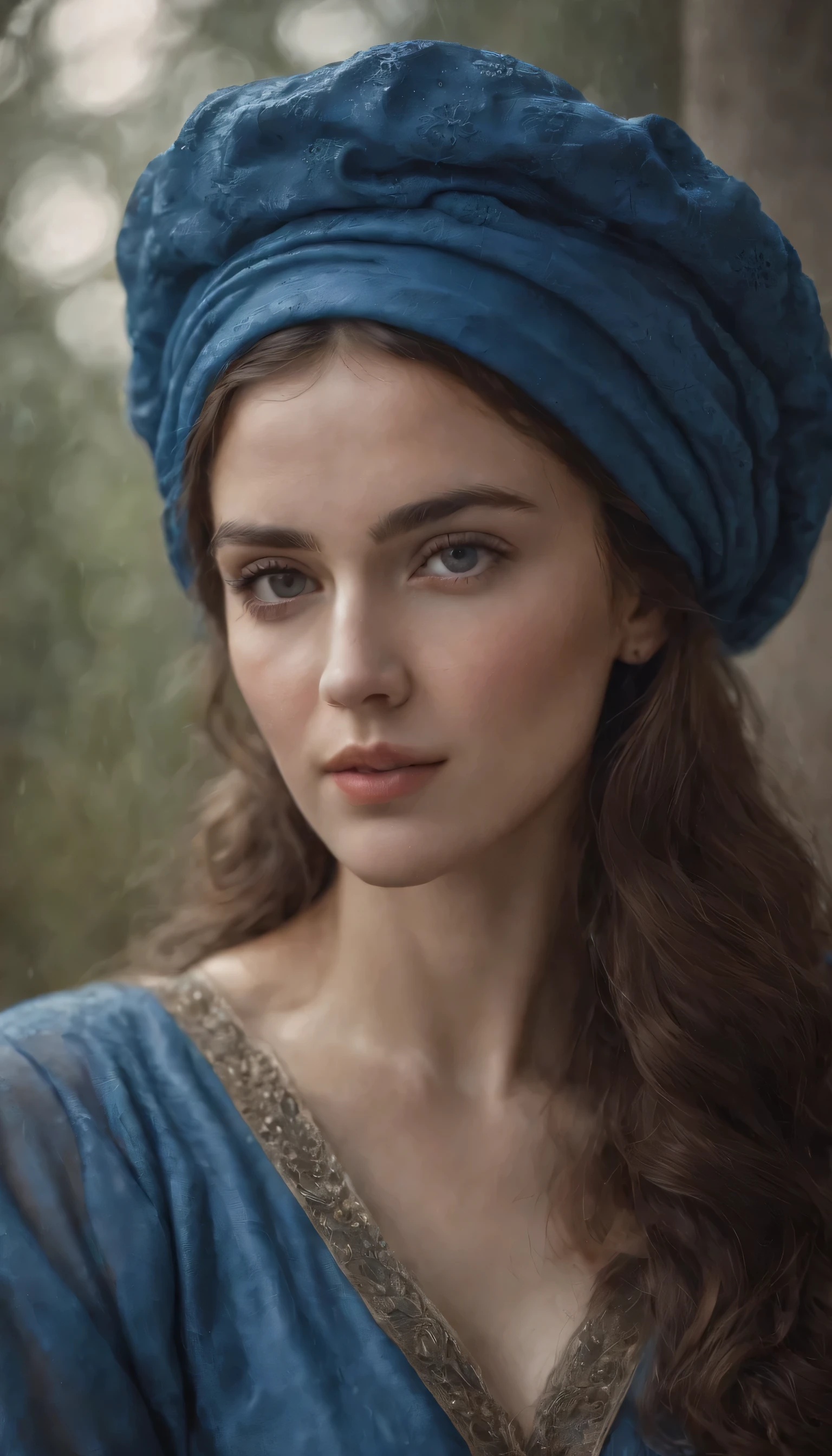 woman in blue hat, in the style of detailed atmospheric portraits, wet-on-wet blending, dusseldorf school of photography, ottoman art, realistic marine paintings, dotted, pre-raphaelitism