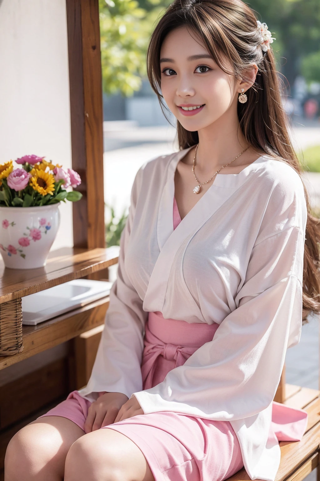 Highest quality,8K, Detailed facial depiction, Detailed description of the eyes,One Woman, Light brown hair(Medium-long hair),Beautiful Japanese Girl,24-years-old,Cute eyes,Cute Smile,Yukata beauty,A yukata with large polka dots on a white background,Slender body, Large, plump breast size, Long and beautiful legs,Smiling, Colorful earrings,necklace,Are standing,Beautiful nape,Summer festival,There are food stalls