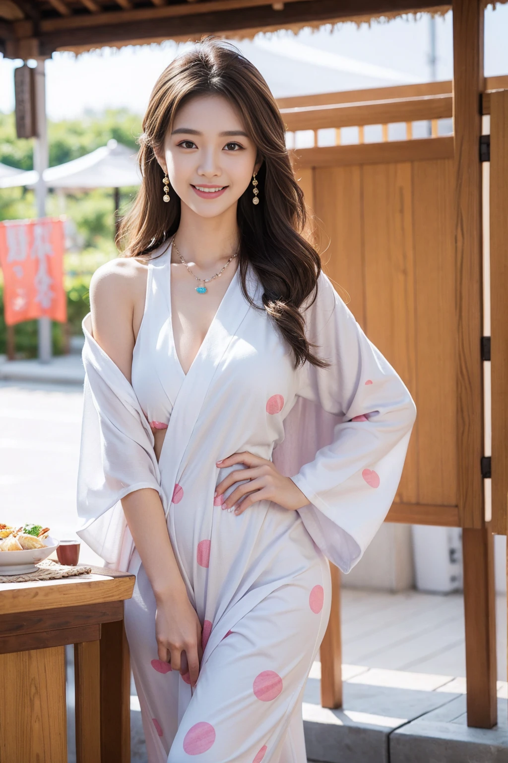 Highest quality,8K, Detailed facial depiction, Detailed description of the eyes,One Woman, Light brown hair(Medium-long hair),Beautiful Japanese Girl,24-years-old,Cute eyes,Cute Smile,Yukata beauty,A yukata with large polka dots on a white background,Slender body, Large, plump breast size, Long and beautiful legs,Smiling, Colorful earrings,necklace,Are standing,Beautiful nape,Summer festival,There are food stalls