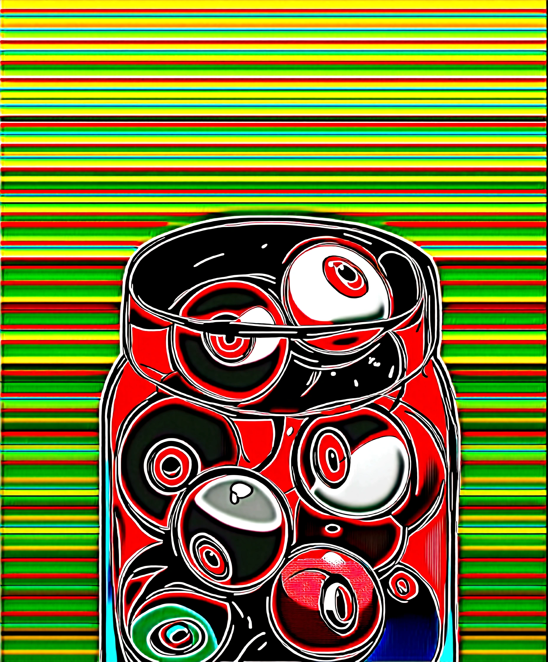 a glass jar filled with eyeballs, eyeballs, blood, early morning