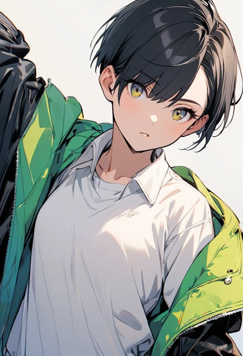 black hair, white shirt, jacket, 1girl, short hair, boyish, stylish, bright