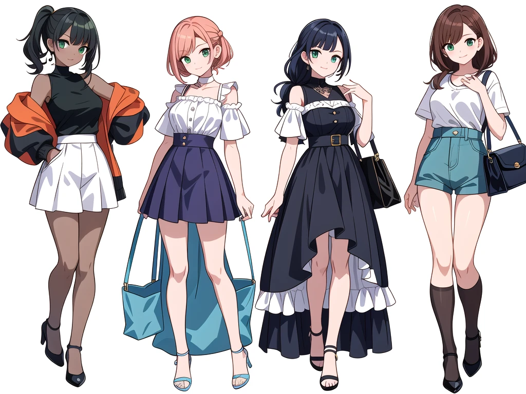 (((Best Quality))) , ((full body)), 4 lady, adult woman, multiple views, white background, variety of hairstyles, variety of fashion styles, seductive pose, fashionable and trendy atmosphere, holding bag, spring outfits, walk pose, dark blue/dark orange/dark green/dark violet/brown/white, short shorts,