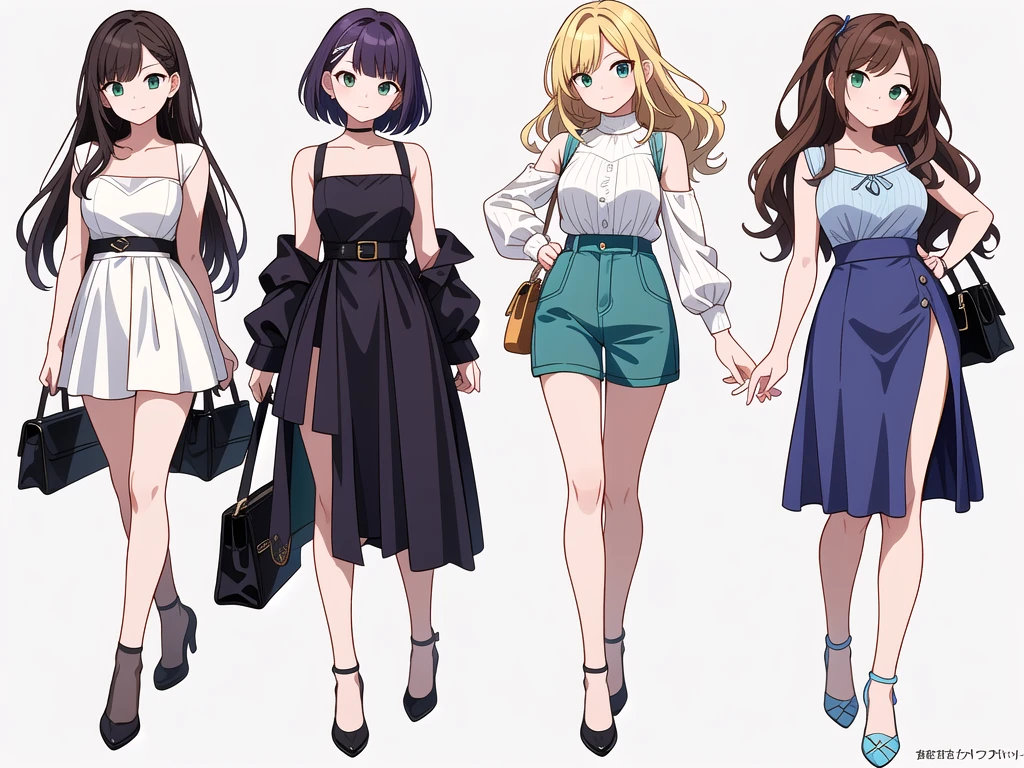 (((Best Quality))) , ((full body)), 4 lady, adult woman, multiple views, white background, variety of hairstyles, variety of fashion styles, seductive pose, fashionable and trendy atmosphere, holding bag, spring outfits, walk pose, dark blue/dark orange/dark green/dark violet/brown/white, short shorts,
