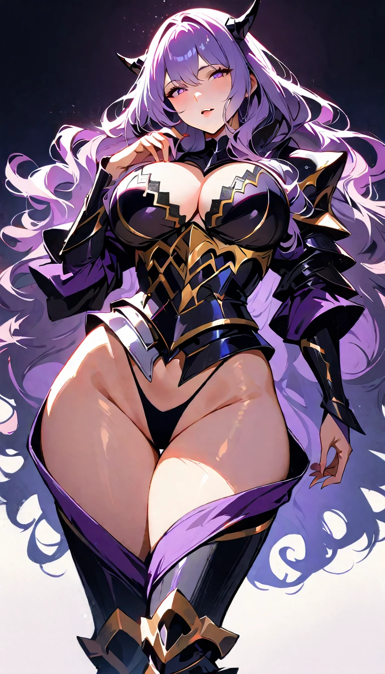 (high quality, 8k, 4K, high contrast, artwork:1.2, high quality, best aesthetics), (dynamic angle), ((1 woman)), , sensual, mature super detailed, beautiful face detailed, beautiful eyes detailed, detailed beautiful mouth, sexy body, pect breats, perfect wide thighs, light purple hair, light purple long wavy hair, purple eyes, seductive facial expression, black loom, black horns, sexy dark purpledieval armor with golden details, cleavage, exposed black thong panties, exposed panties, rple medieval arms, standing, erect body posture, looking at the viewentered.