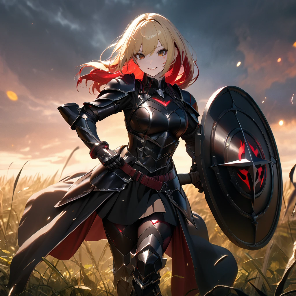 A woman in her 20s, wearing heavy black armor, black metal bracelet, black metal boots, with red details on the armor, short shoulder-length blonde hair, red bangs, smiles, multicolored hair, brown eyes, sadistic smile , psychopath face , evil face , holding a black metal shield and a black metal ax , in combat stance , in the open field , UHD , prime work , accurate , anatomically correct , textured skin , super details , high quality , best quality, 8k, high resolution, bokeh effect. (woman alone)
