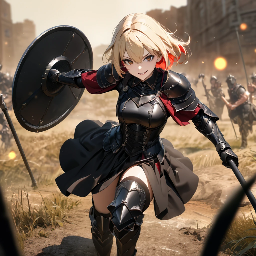 A woman in her 20s, wearing heavy black armor, black metal bracelet, black metal boots, with red details on the armor, short shoulder-length blonde hair, red bangs, smiles, multicolored hair, brown eyes, sadistic smile , psychopath face , evil face , holding a black metal shield and a black metal ax , in combat stance , in the open field , UHD , prime work , accurate , anatomically correct , textured skin , super details , high quality , best quality, 8k, high resolution, bokeh effect. (woman alone)
