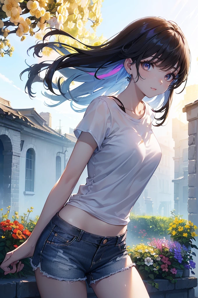 ((((Obra maestra, La mejor calidad, ultrahigh resolution)))), 1girl, standing, ((baggy white t-shirt, loose fitting blue shorts, black hair, dark black hair)), long hair cut, pale skin, ((brown eyes)), glowing_eyes, neon eyes, (ultra detailed eyes:0.7, beautiful and detailed face, detailed eyes:0.9), ((centered)), smile, ((wide shot)), facing viewer, (((vibrant background of outside, flowers, bright lighting, summer, sunlight))), flat chested, looking at viewer, ((perfect hands)), ((head:1, hips, elbows, arms, in view)), ((hands behind back)), empty eyes, beautiful lighting, defined subject, 25 years old, ((cool looking))