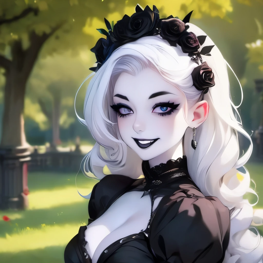 arafed woman with a flower crown on her head smiling, pale goth beauty, pale skin and dark eyes, pale ivory skin, ivory pale skin, pale skin curly blond hair, with pale skin, with curly black and silver hair, beautiful frankenstein, she looks like a mix of grimes, 1 7 - year - old goth girl, victorian vampire, goth girl aesthetic