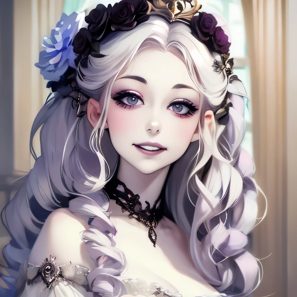 arafed woman with a flower crown on her head smiling, a pastel inspired by Winona Nelson, tumblr, rococo, pale goth beauty, pale skin and dark eyes, pale ivory skin, ivory pale skin, pale skin curly blond hair, with pale skin, with curly black and silver hair, beautiful frankenstein, she looks like a mix of grimes