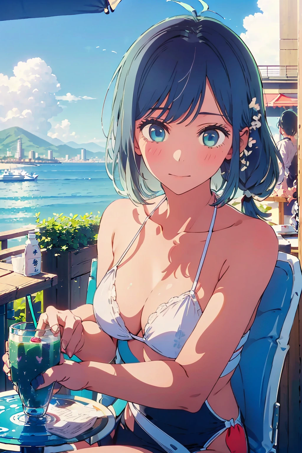 (Highest quality:1.4、8K:1.4、detailed)、F cup bust、Big Breasts、Slim body、Very white beautiful skin、((((1 person、Surprised expression、sit、Chair、In the background are the urban buildings of Tokyo、looking at the camera、Outdoor café terrace、coastal、Navy hair color、juice、White side string high leg bikini、Shooting up close、table、Very cute face))))、(Pose of putting hair behind ears with hands:1.4、Low ponytail:1.4)、Very blue sky、A completely cloudless sky