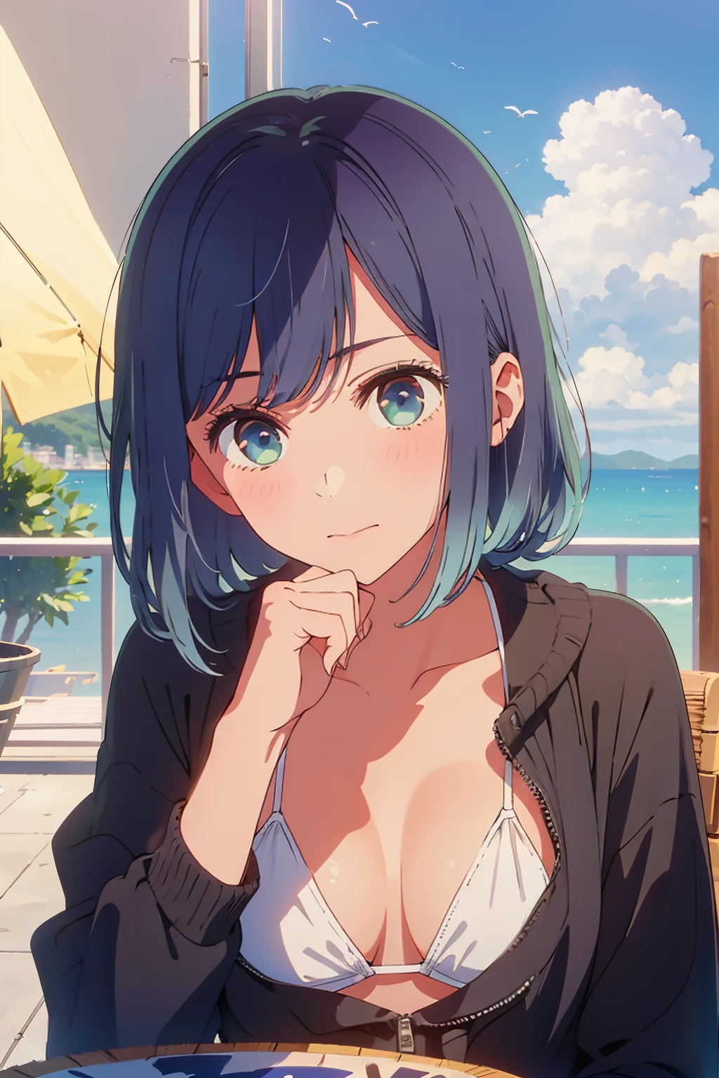 (Highest quality:1.4、8K:1.4、detailed)、F cup bust、Big Breasts、Slim body、Very white beautiful skin、((((1 person、Surprised expression、sit、Chair、In the background are the urban buildings of Tokyo、looking at the camera、Outdoor café terrace、coastal、Navy hair color、juice、White side string high leg bikini、Shooting up close、table、Very cute face))))、(Pose of putting hair behind ears with hands:1.4、Low ponytail:1.4)、Very blue sky、A completely cloudless sky