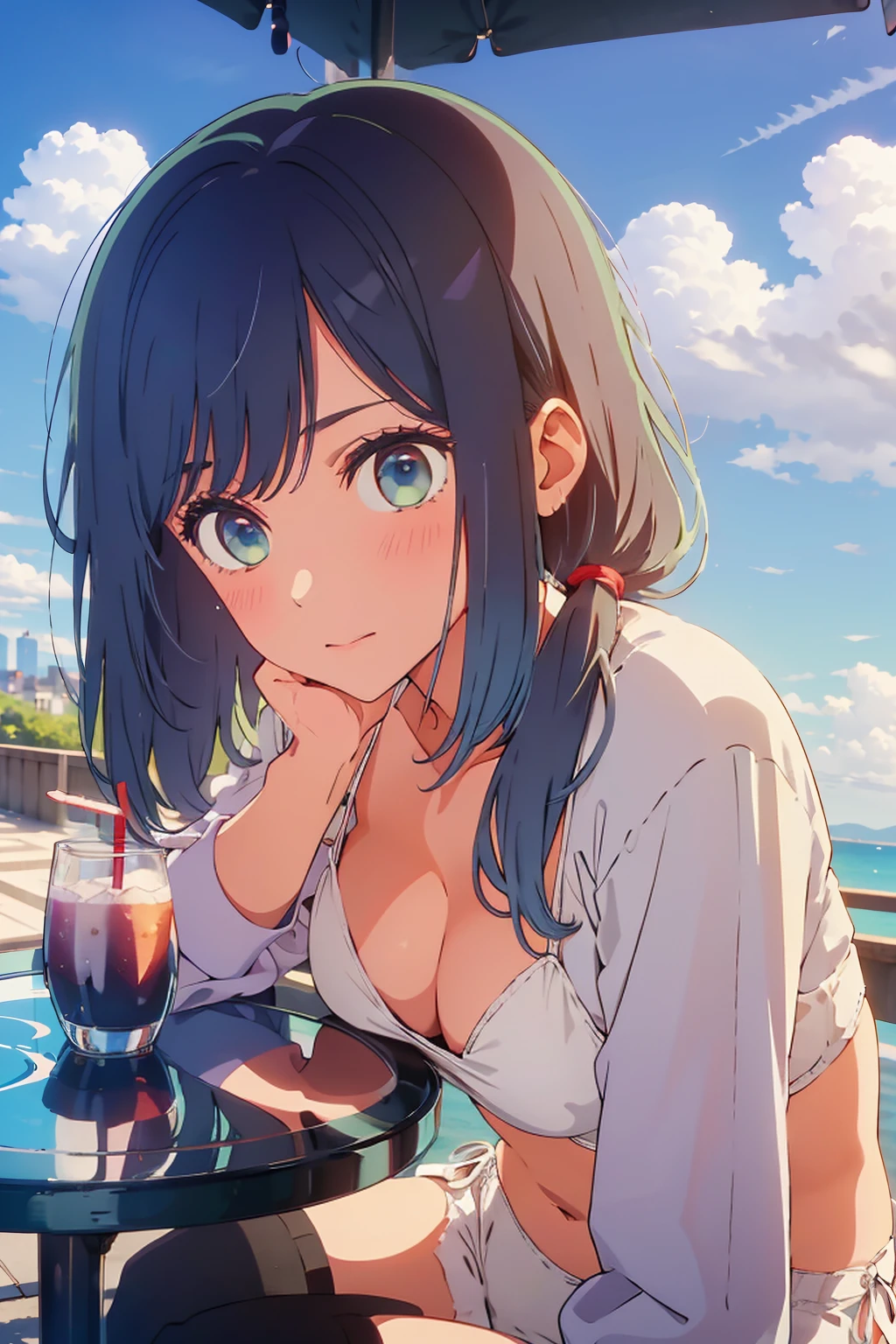 (Highest quality:1.4、8K:1.4、detailed)、F cup bust、Big Breasts、Slim body、Very white beautiful skin、((((1 person、Surprised expression、sit、Chair、In the background are the urban buildings of Tokyo、looking at the camera、Outdoor café terrace、coastal、Navy hair color、juice、White side string high leg bikini、Shooting up close、table、Very cute face))))、(Pose of putting hair behind ears with hands:1.4、Low ponytail:1.4)、Very blue sky、A completely cloudless sky