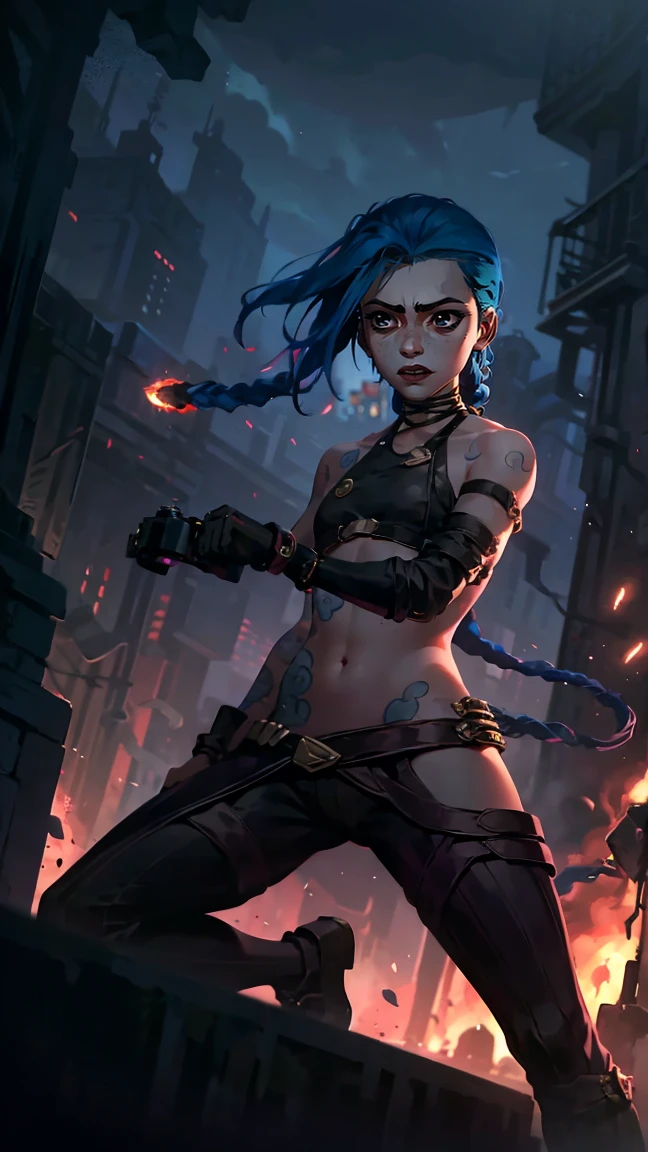 (masterpiece, Best quality), 1 girl, portrait, very sexy, crazy look, smile, crying, pink tears, tears on the cheeks, tears from eyes, full length (full body 1.1.), очень feminine, fighting stance, battle, fire, explosions, burning city, Beautiful waist, gloomy composition, flame, fire, Flash, very beautiful, feminine, long hair, hair braided in long braids, very sexy, tight leather pants, emphasis on the eyes, face accent, Beautiful face, Hands, Hair, Haired ponytail, red purple eyes, Джинкс crying, Blue cloud tattoo, (masterpiece, Best quality), Side lighting, beautiful detailed eyes, crazy face), (Best quality), (masterpiece), magic photography, Spectacular lighting, Photorealism, ultra detailed, интимная portraitная композиция, 1. 4,8 k UHD, aesthetic, Cd., A high resolution, 8 k, better lighting, Best shade, Ultra-HD, A high resolution, sharp focus, Complex background, Cinematic lighting, ((Landscape view)), 4K block, (better lighting), ((Cinematic lighting)),