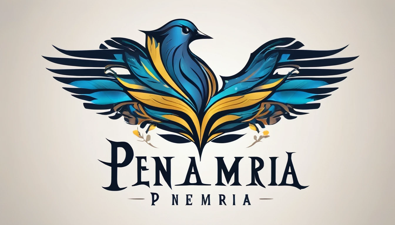Create a minimalistic, simple, fantastic, easy to understand, logo design for an upcoming Fantasy Role Playing Game called " Penamemoria". The game is about a world full of bird and feathers. A boy enters that world and discovers his true artistic identity. Create a logo design that transmits the essence of this videogame. It´s a fantasy game, with fantasy elements. Create the logo in the center and a fantasy theme as background. Use the colours blue, white, yellow in the logo. The logo design must convey a sense of fantasy, dreams and music. Must convey a feeling of being a true Dreamer
