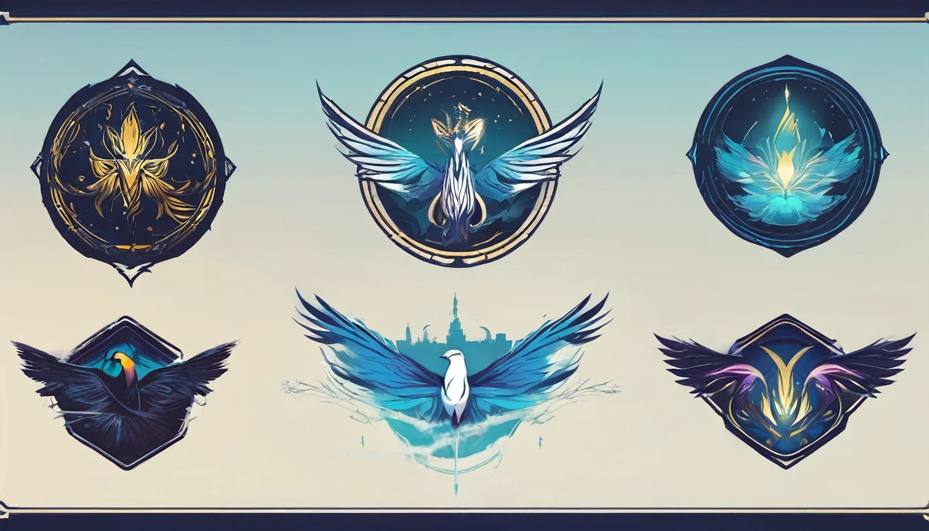 Create a minimalistic, simple, fantastic, easy to understand, logo design for an upcoming Fantasy Role Playing Game called " Penamemoria". The game is about a world full of bird and feathers. A boy enters that world and discovers his true artistic identity. Create a logo design that transmits the essence of this videogame. It´s a fantasy game, with fantasy elements. Create the logo in the center and a fantasy theme as background. Use the colours blue, white, yellow in the logo. The logo design must convey a sense of fantasy, dreams and music. Must convey a feeling of being a true Dreamer