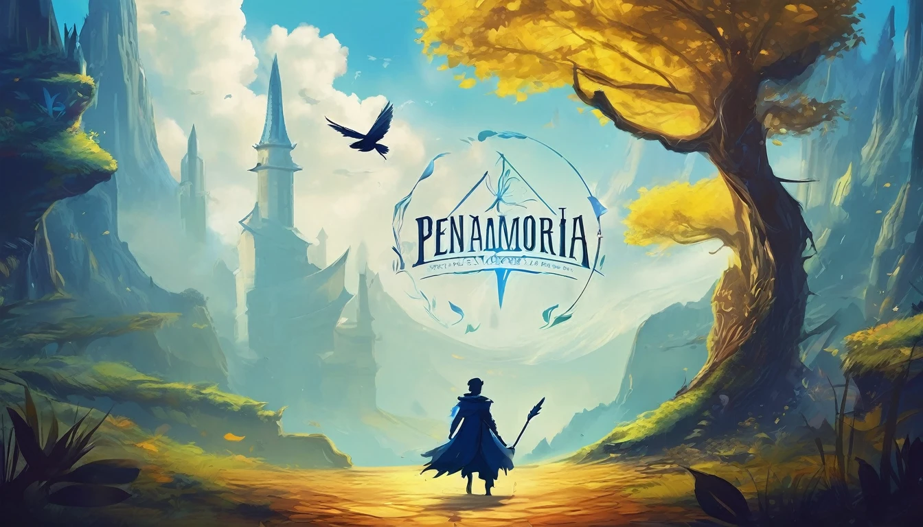 Create a minimalistic, simple, fantastic, easy to understand, logo design for an upcoming Fantasy Role Playing Game called " Penamemoria". The game is about a world full of bird and feathers. A boy enters that world and discovers his true artistic identity. Create a logo design that transmits the essence of this videogame. It´s a fantasy game, with fantasy elements. Create the logo in the center and a fantasy theme as background. Use the colours blue, white, yellow in the logo. The logo design must convey a sense of fantasy, dreams and music. Must convey a feeling of being a true Dreamer